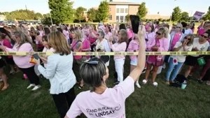 Groups of women dressed in pink gathered outside Plymouth Superior Court this week in support of Lindsay