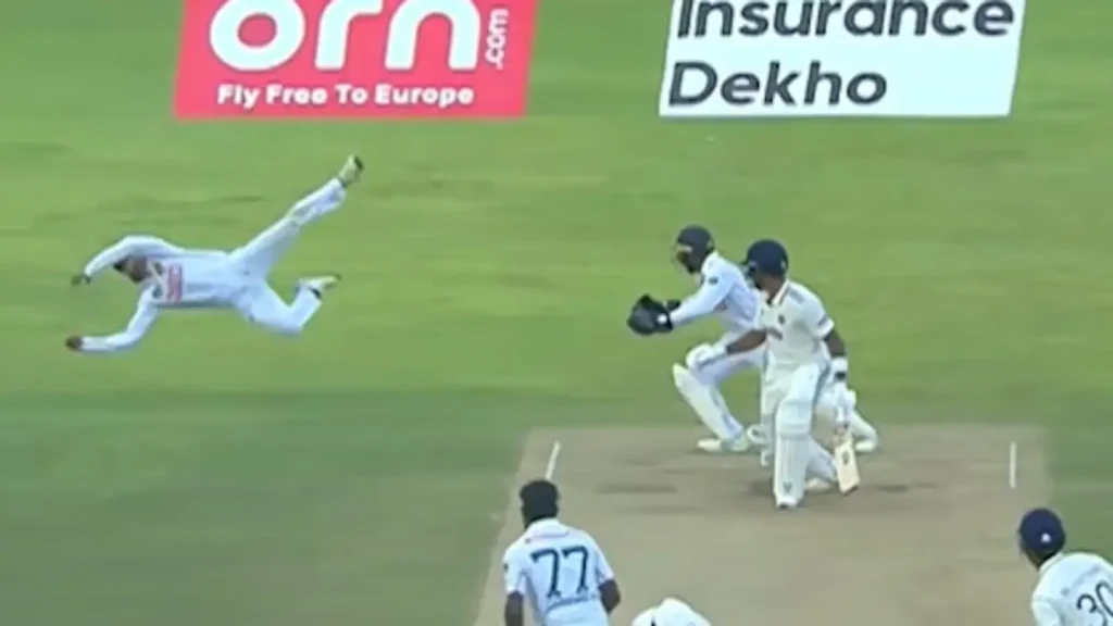 The ball took a leading edge, and Sri Lanka captain Dhananjaya de Silva , stationed at first slip