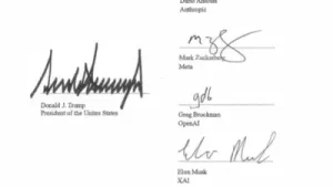 US President Donald Trump and top AI bosses signed a White House accord on superintelligence