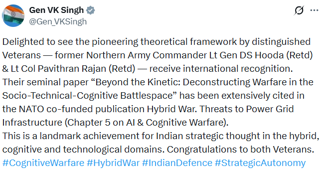 Former Army chief General VK Singh praised the work of Lt Gen DS Hooda (Retd) and Lt Col