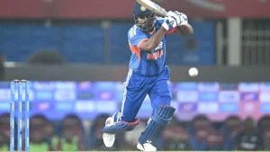 During the fourth T20I against West Indies, Samson's lofted shot over long-off in the third