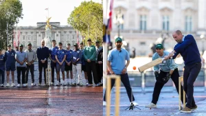 Against the backdrop of Buckingham Palace in London, William, Prince of Wales, played a cricket