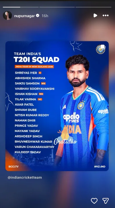 As the squad featuring Bhuvneshwar's name was announced, his wife, Nupur Nagar, took
