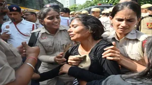 Police personnel deployed at Delhi’s Jantar Mantar during protests demanding Chief Election
