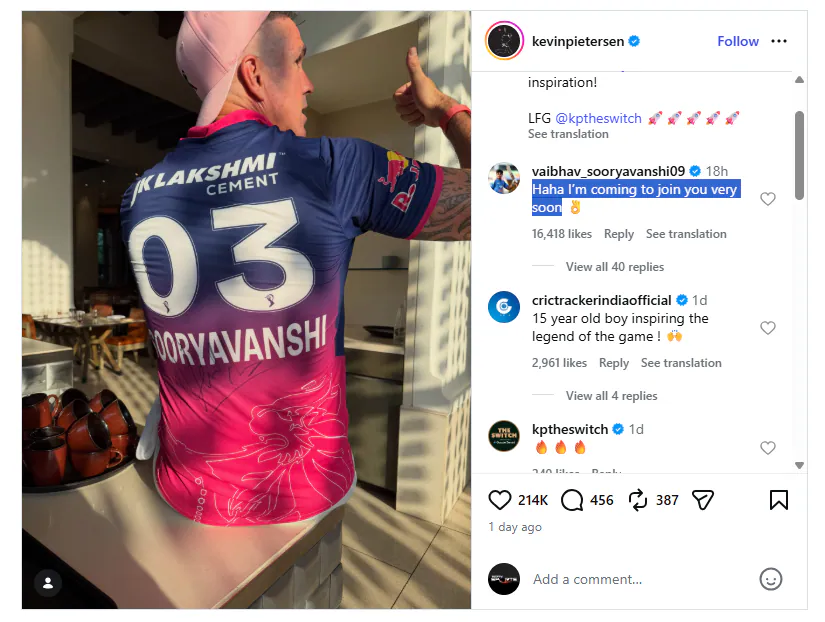 England legend Kevin Pietersen donned Vaibhav Sooryavanshi's Rajasthan Royals jersey